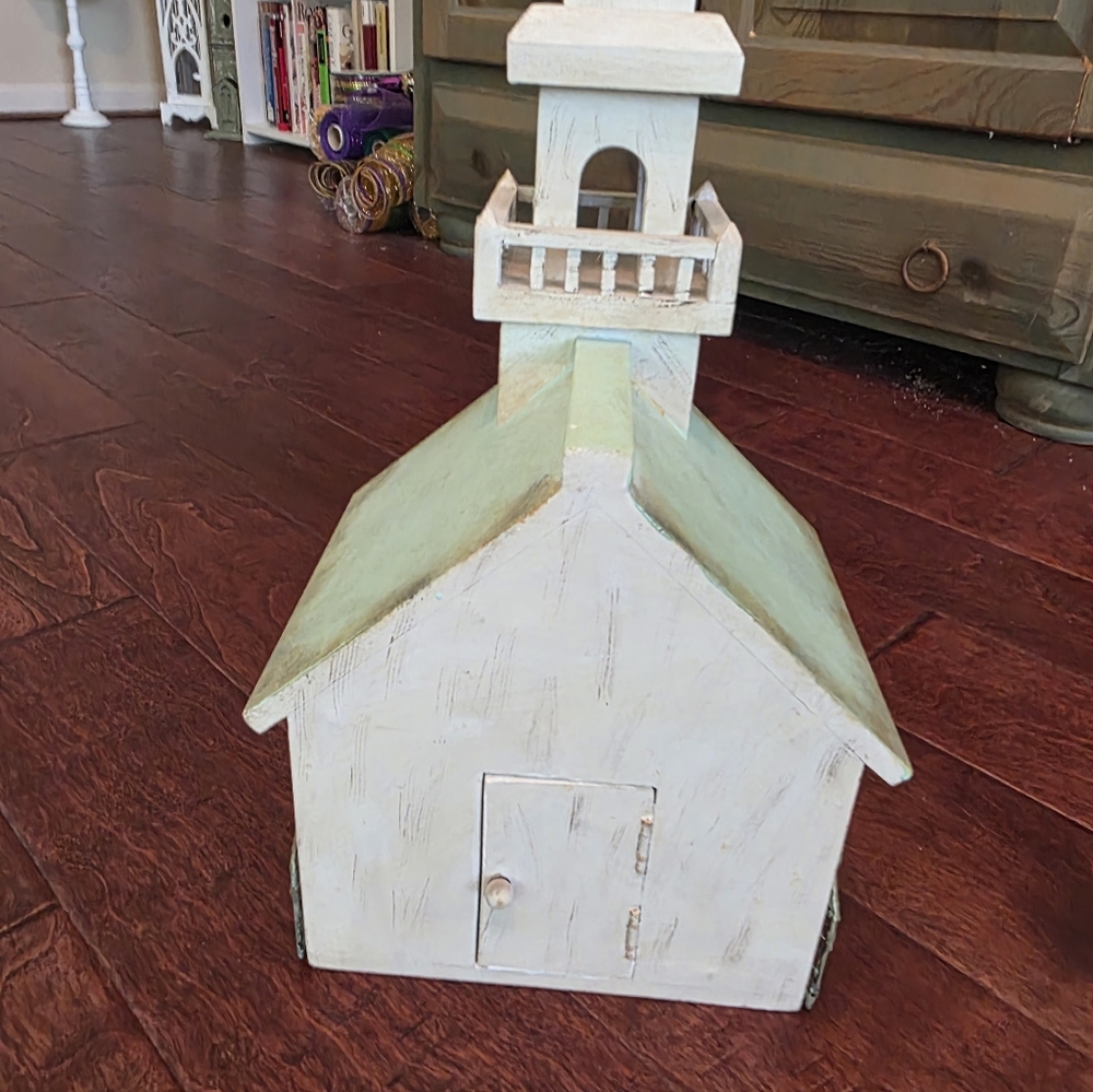 Decorative White and  Sage Green Wooden Birdhouse Accent. Wood And Tall - Picture 4 of 5